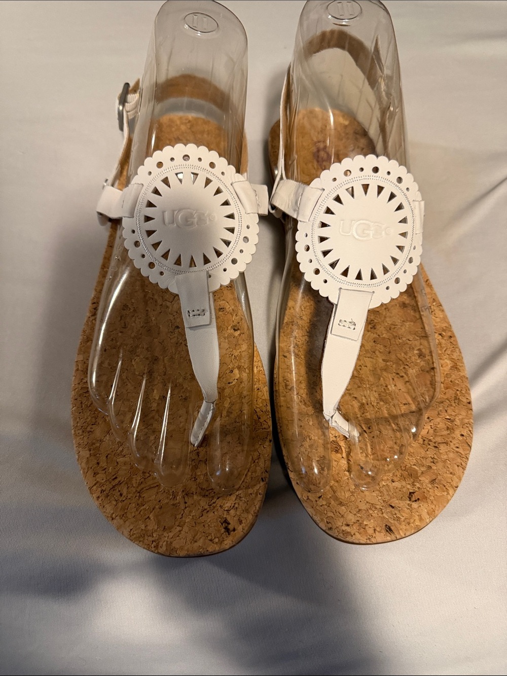 UGG Womenâs White Cork Thong Sandals with Cutout Logo